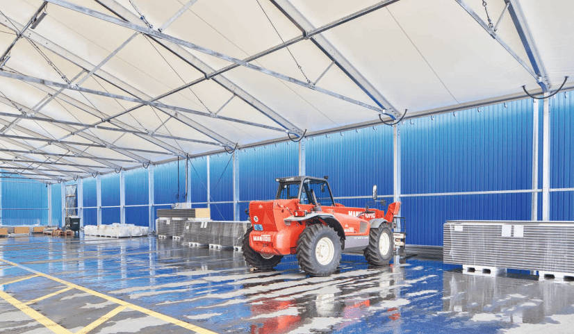 Temporary warehousing and storage buildings with Heavy-duty flooring or reinforced sub-floors for pallet load and forklift use.